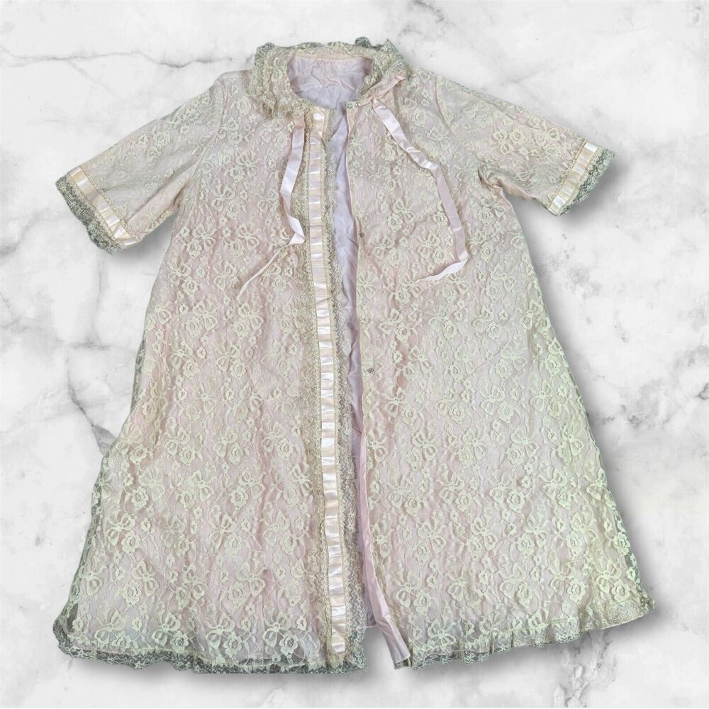 VTG 60s MATEJ Odette Barsa Blush Pink Lace Peignoir Set Dressing Robe & Gown L